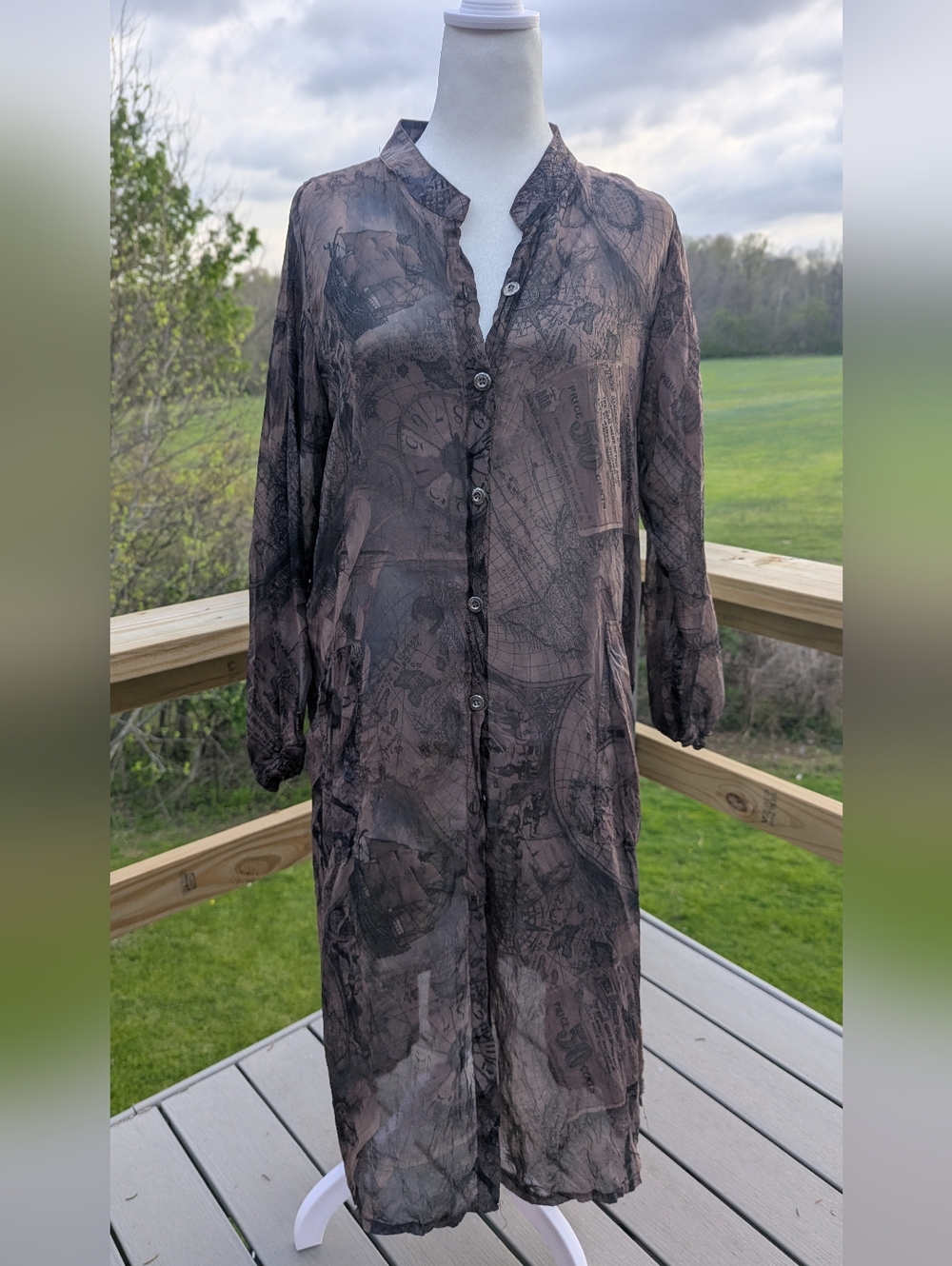 Pretty Angel Silk Blend Button Down Long Tunic Ships & Maps Print